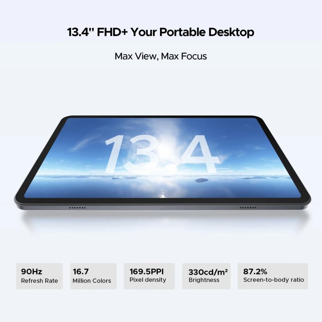 Doogee Tab G6 Max azul con pantalla 13,4 FHD+ biseles finos, 90 Hz, 16,7 M colores, 169,5 PPI, 330 cd/m² y 87,2 % de relación pantalla-cuerpo
