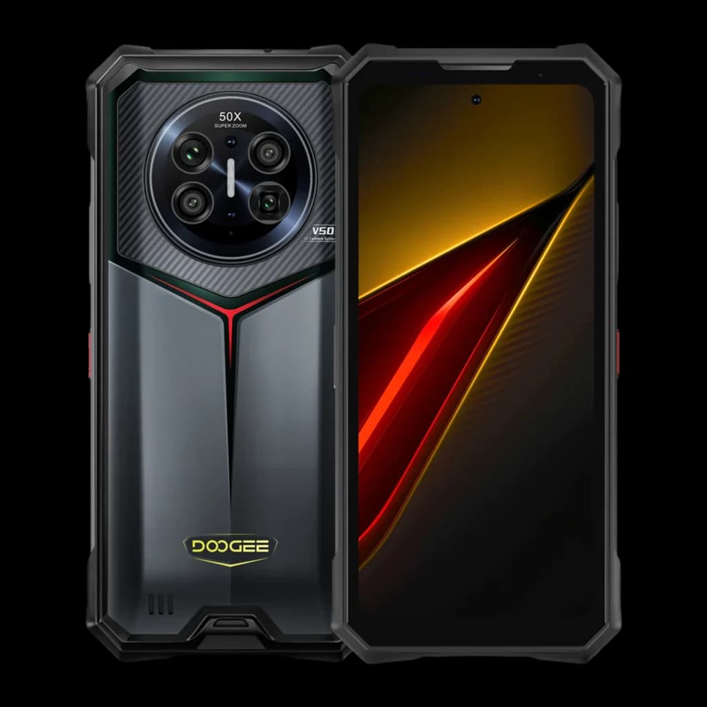 Doogee V50 5G negro robusto con pantalla 6,58 pulgadas, módulo de cámaras circular 50X, bordes reforzados y diseño angular gris con acentos rojos y verdes