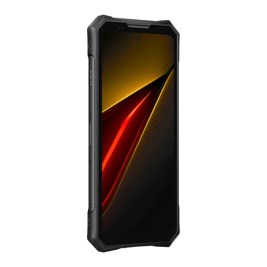 Smartphone robusto preto com ecrã 6,58, câmara traseira circular tripla 50X, moldura reforçada e design angular com detalhes em vermelho e verde - Item2