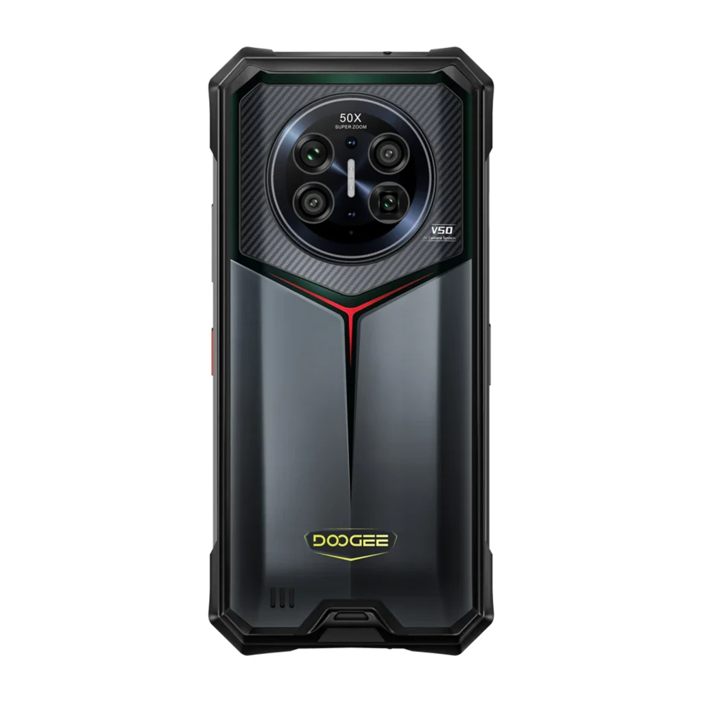 Smartphone robusto preto com ecrã 6,58, câmara traseira circular tripla 50X, moldura reforçada e design angular com detalhes em vermelho e verde - Item1