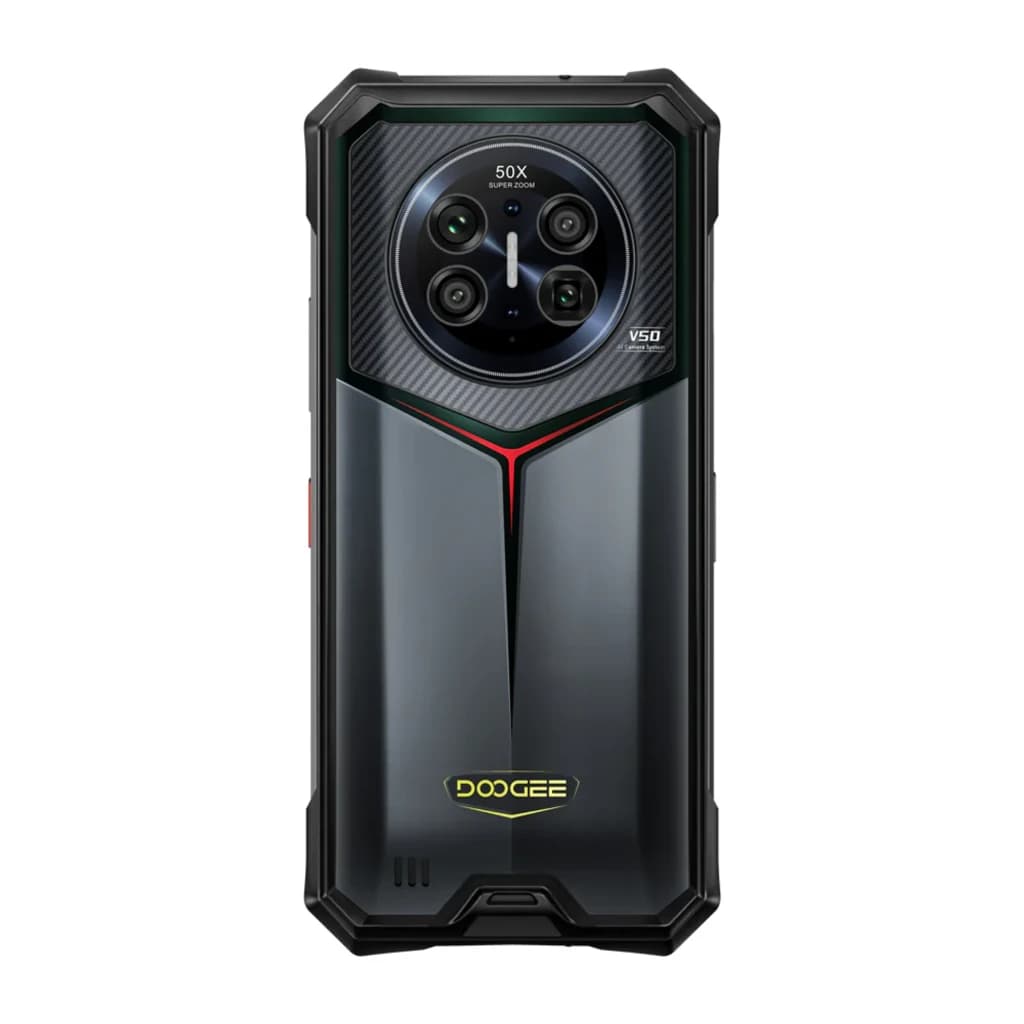 Smartphone rugerizado negro con triple cámara trasera circular 50X, carcasa robusta con detalles rojos y verdes, logo Doogee y diseño angular resistente