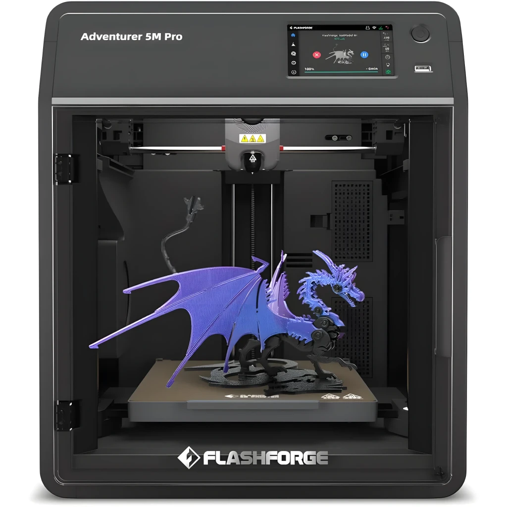 Impresora 3D Flashforge AD5M FDM con cabina cerrada, pantalla táctil, extrusor directo y volumen 220×220×220 mm; muestra modelo multicolor en la base - Ítem2
