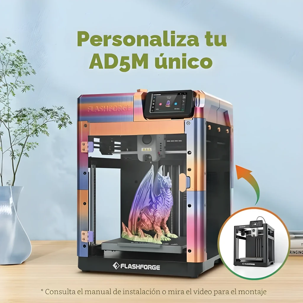 Impresora 3D Flashforge AD5M FDM con cabina cerrada, pantalla táctil, extrusor directo y volumen 220×220×220 mm; muestra modelo multicolor en la base - Ítem1