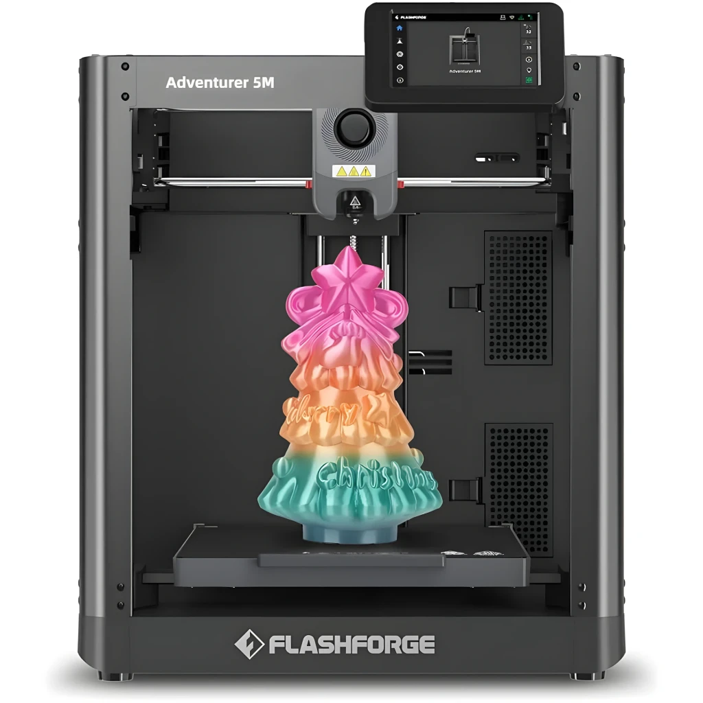 Impresora 3D Flashforge AD5M FDM con cabina cerrada, pantalla táctil, extrusor directo y volumen 220×220×220 mm; muestra modelo multicolor en la base - Ítem4