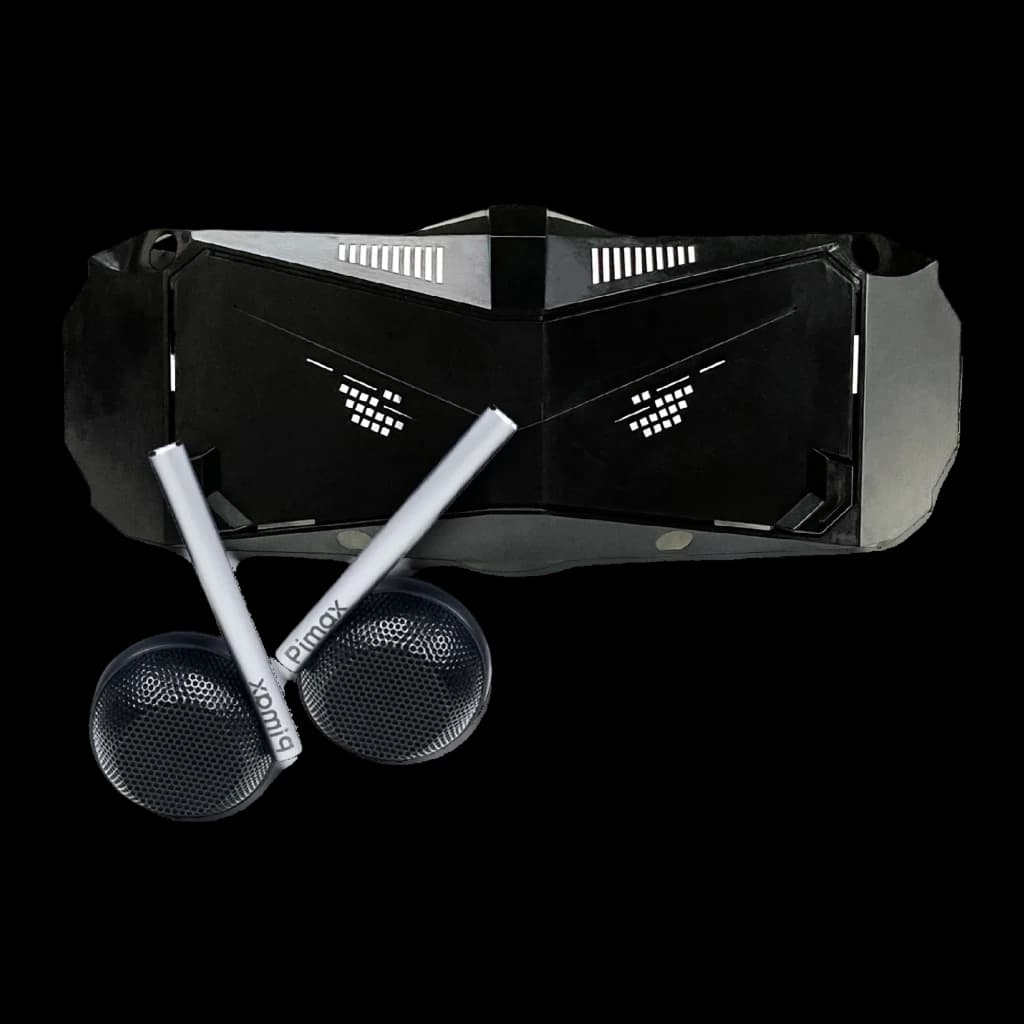 Auriculares Pimax DMAS High-Fidelity Audio Upgrade com drivers externos circulares, grelhas metálicas e hastes prateadas compatíveis com headset VR