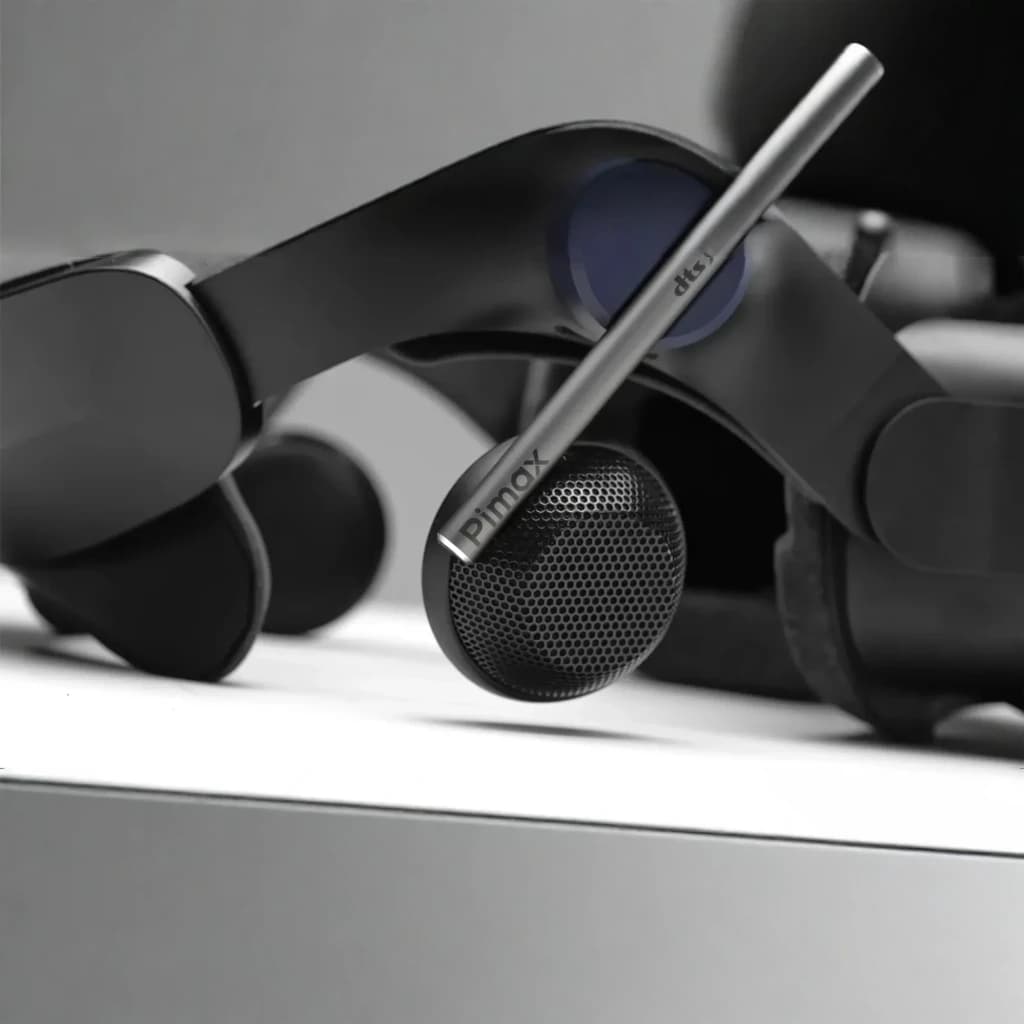 Auriculares Pimax DMAS High-Fidelity Audio Upgrade com drivers externos circulares, grelha metálica, haste fina com logo e design preto para VR