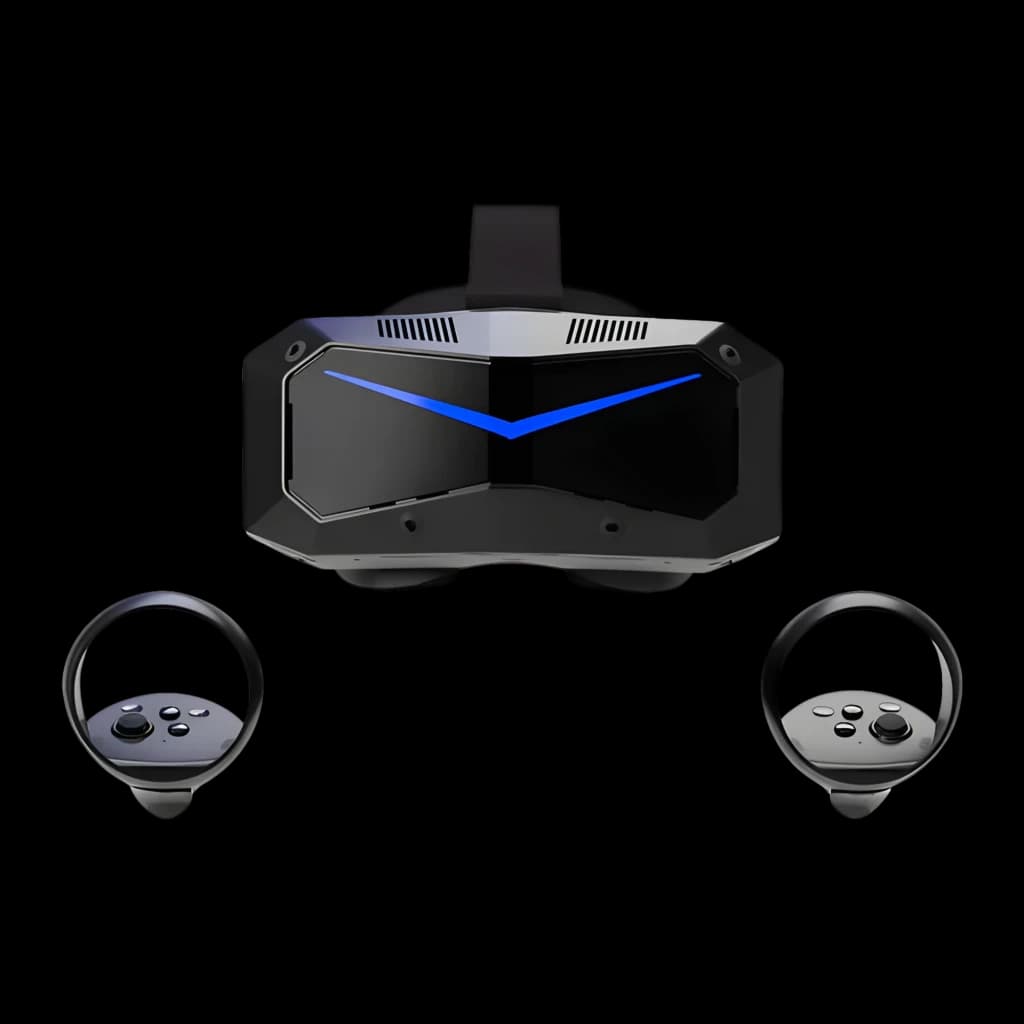 Pimax Crystal Super Ultrawide Realidade Virtual PCVR com visor preto angular e faixa azul em V, acabamento brilhante, duas câmeras frontais e dois