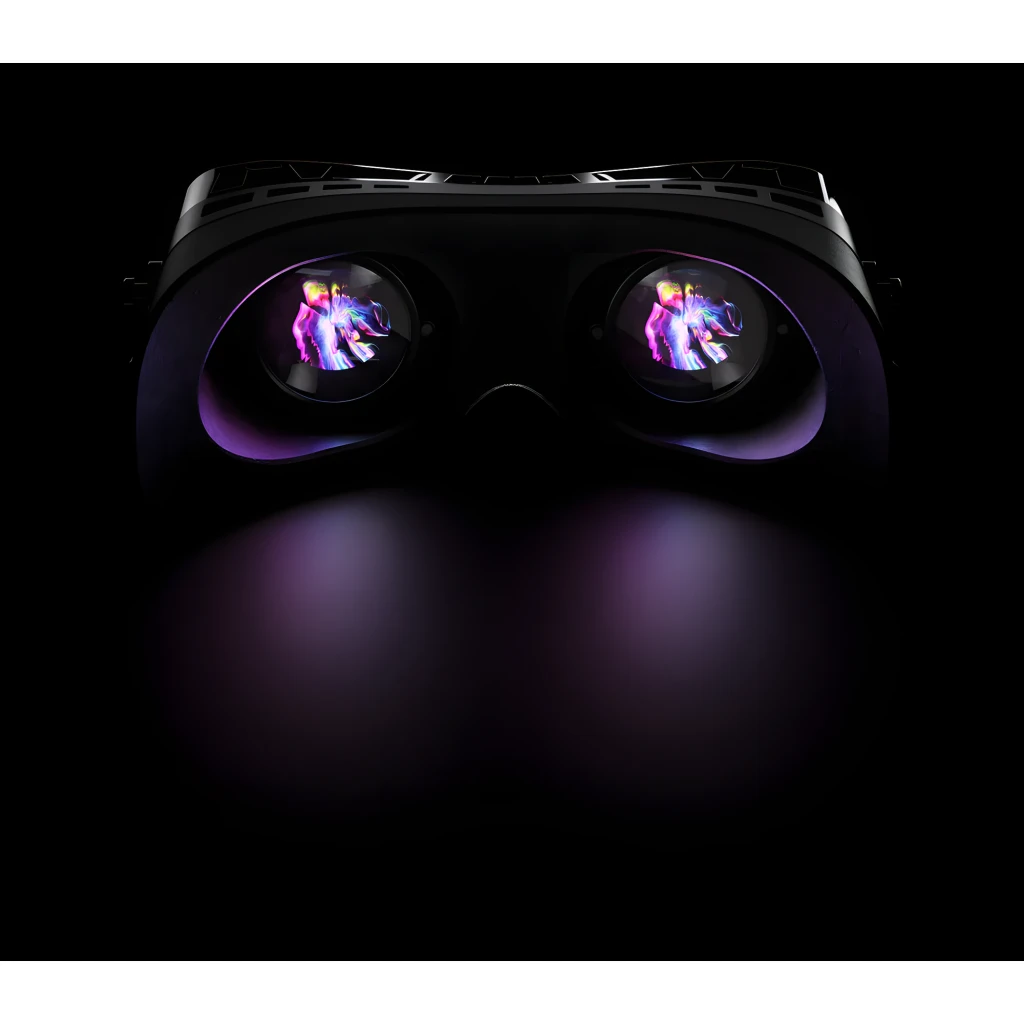 Pimax Crystal Super Ultrawide Realidade Virtual PCVR com visor preto angular e faixa azul em V, acabamento brilhante, duas câmeras frontais e dois - Item5