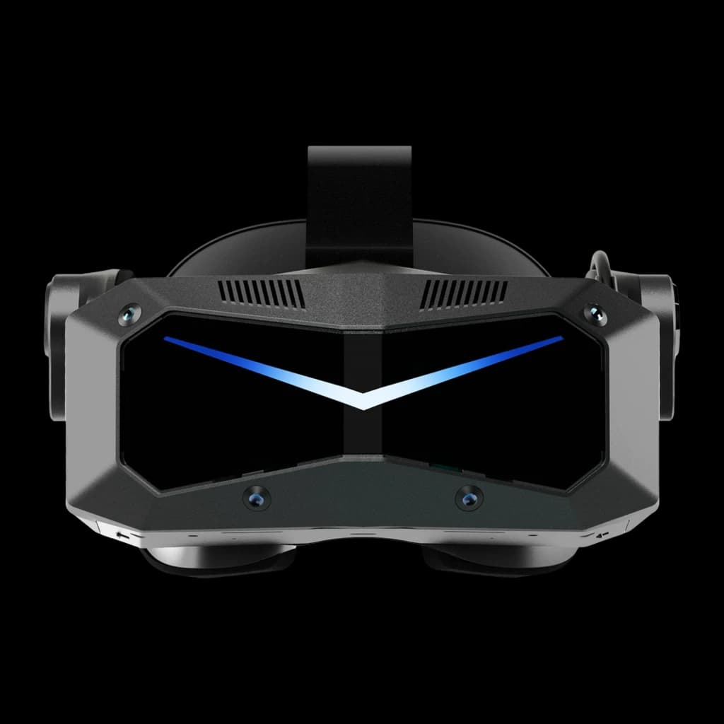 Pimax Crystal Super Ultrawide Realidade Virtual PCVR com design angular preto, faixa de cabeça acolchoada e painel frontal com faixa luminosa em V azul