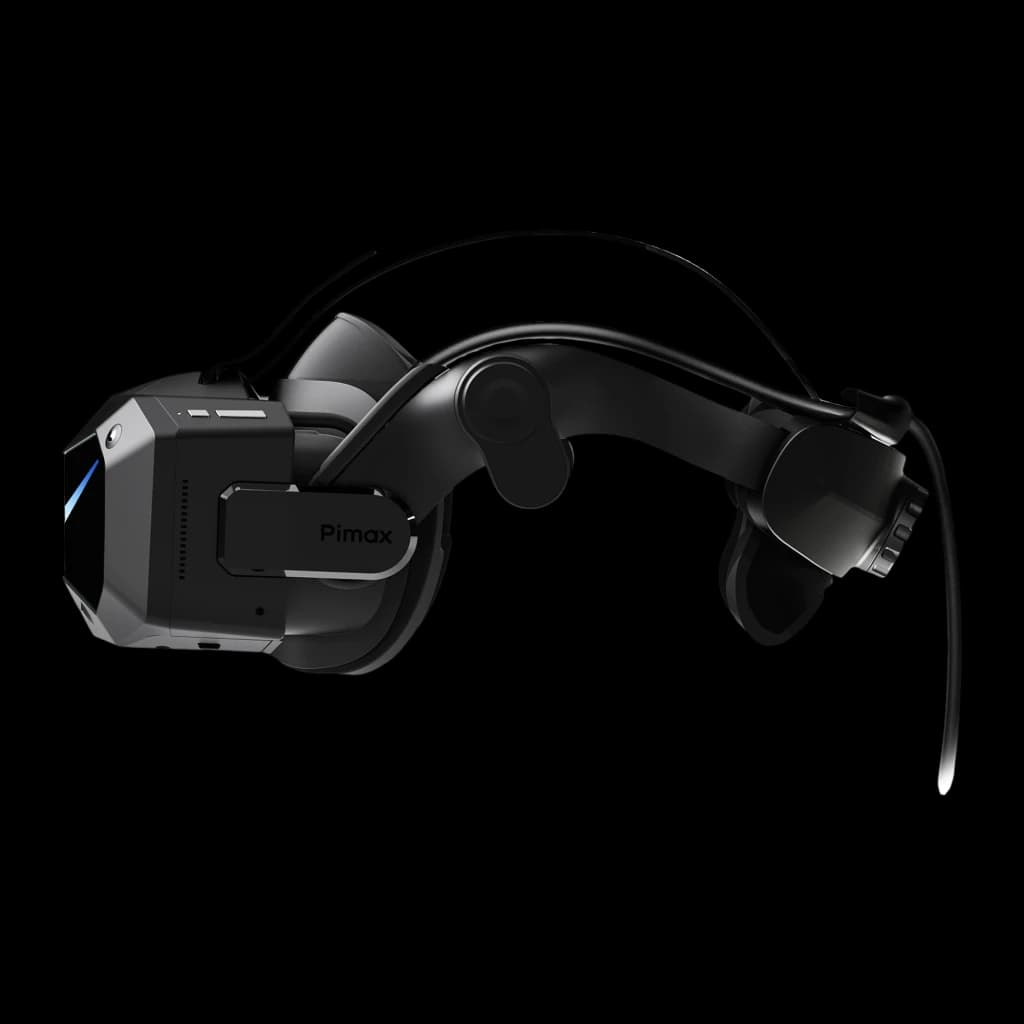 Pimax Crystal Super Ultrawide Realidade Virtual PCVR com frente preta facetada, faixa superior ajustável, ventilação frontal e visor em V azul iluminado