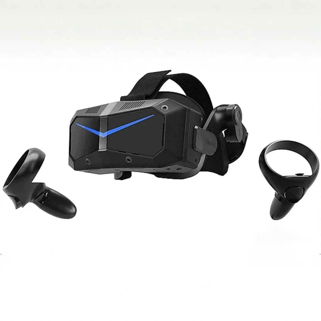 Pimax Crystal Super Ultrawide Realidade Virtual PCVR com headset preto angular, faixa ajustável, LEDs azuis em V e dois controladores ergonômicos