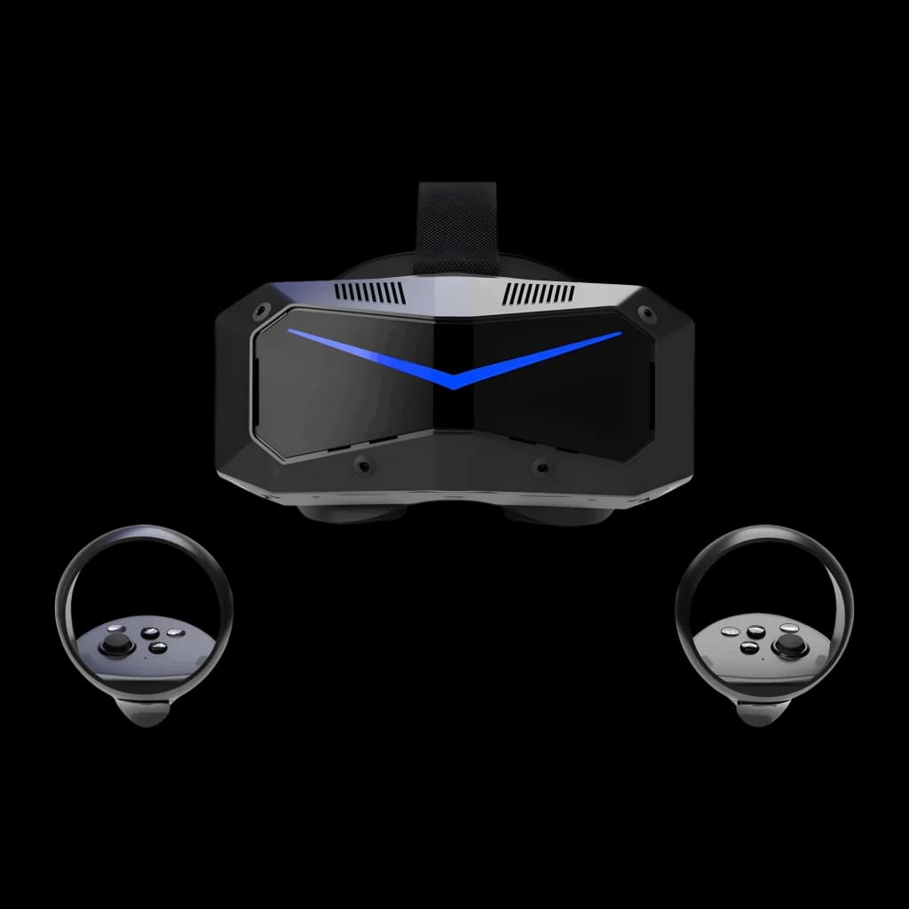 Pimax Crystal Super 57PPD Realidade Virtual PC com headset preto angular, faixa ajustável, visor com luz azul em V e dois controladores ergonômicos com