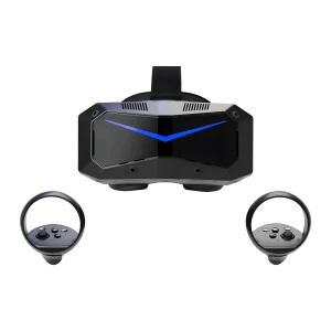 Pimax Crystal Super 57PPD Realidade Virtual PC com headset preto angular, faixa ajustável, visor com luz azul em V e dois controladores ergonômicos com