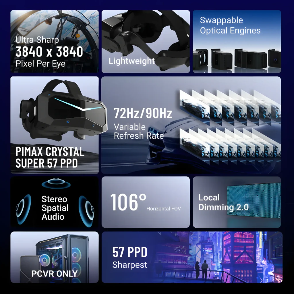 Pimax Crystal Super 57PPD Realidade Virtual PC com headset preto angular, faixa ajustável, visor com luz azul em V e dois controladores ergonômicos com - Item6