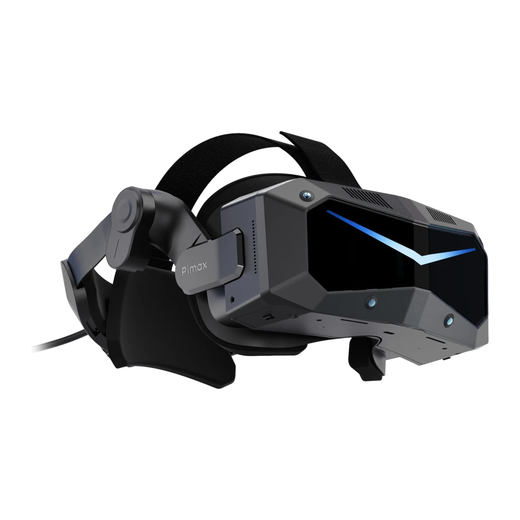 Pimax Crystal Super 57PPD Realidade Virtual PC com headset preto angular, faixa ajustável, visor com luz azul em V e dois controladores ergonômicos com - Item2