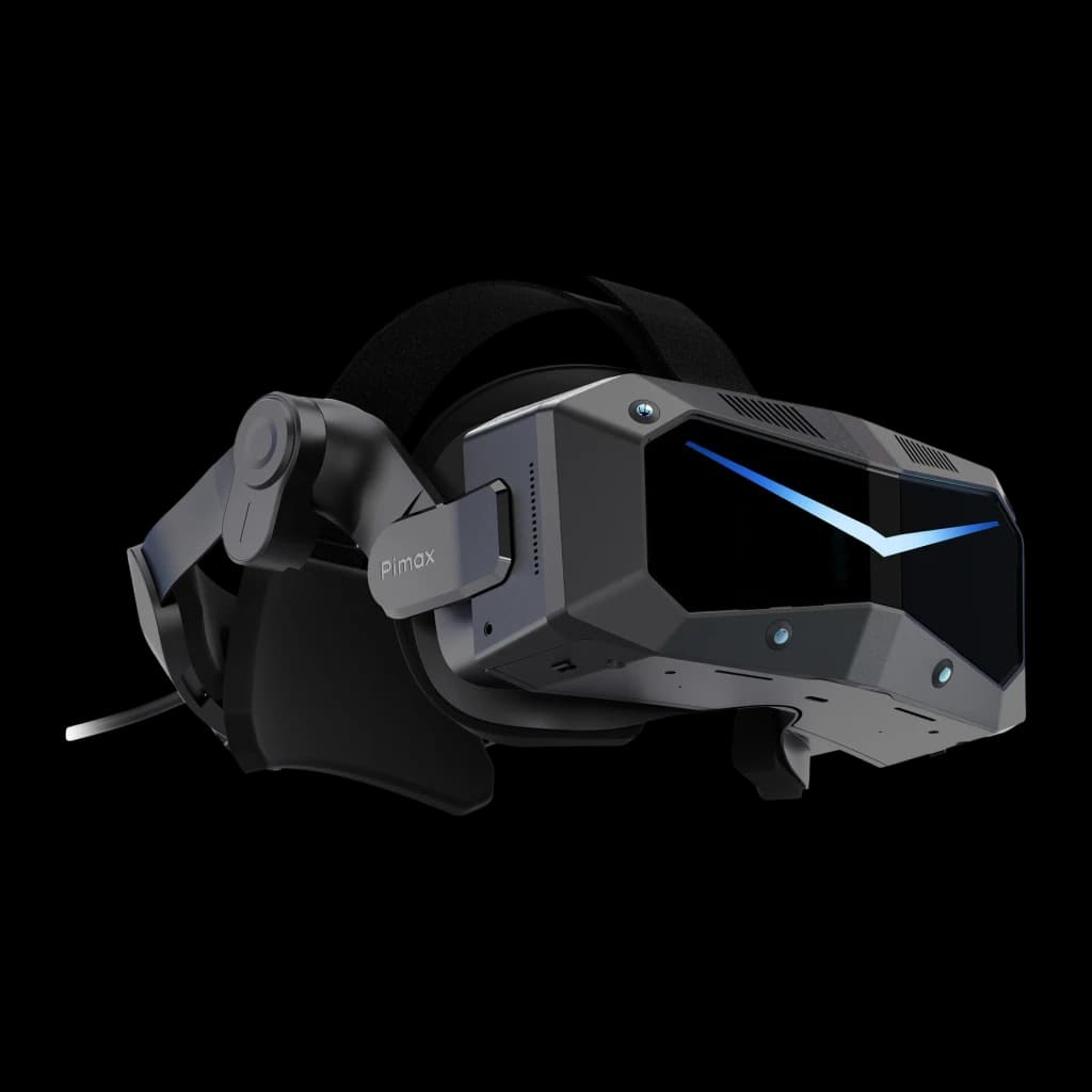 Headset VR Pimax Crystal Super 57PPD para PC, design angular em preto, faixa acolchoada ajustável, visor frontal com faixa azul em V e câmeras integradas