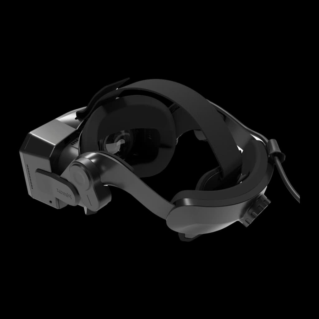 Pimax Crystal Super 57PPD Realidade Virtual PC com headset preto robusto, arco ajustável acolchoado, hastes articuladas e cabo traseiro para PC