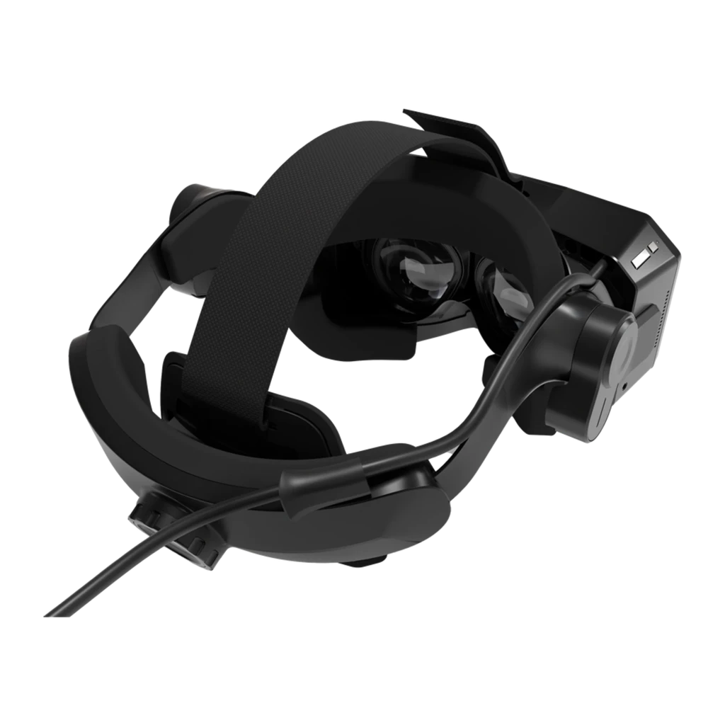 Pimax Crystal Super 57PPD Realidade Virtual PC com headset preto angular, faixa ajustável, visor com luz azul em V e dois controladores ergonômicos com - Item4