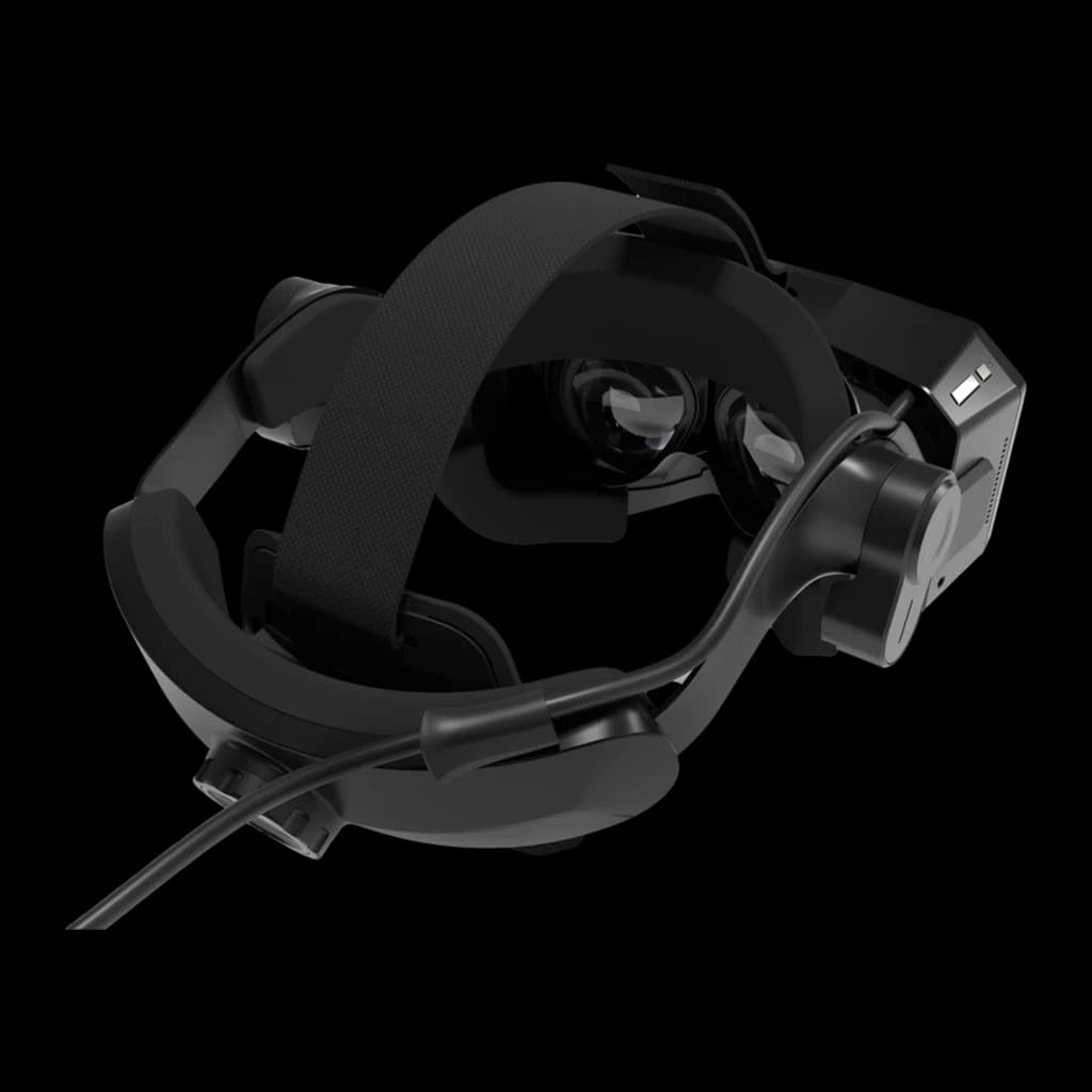 Pimax Crystal Super 57PPD Realidade Virtual PC com design preto, almofadas acolchoadas, cinta ajustável, lentes duplas e microfone articulado para imersão