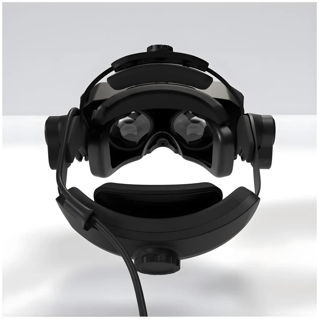 Pimax Crystal Super 57PPD Realidade Virtual PC com headset preto robusto, lentes duplas grandes, alça ajustável acolchoada e cabo frontal destacável