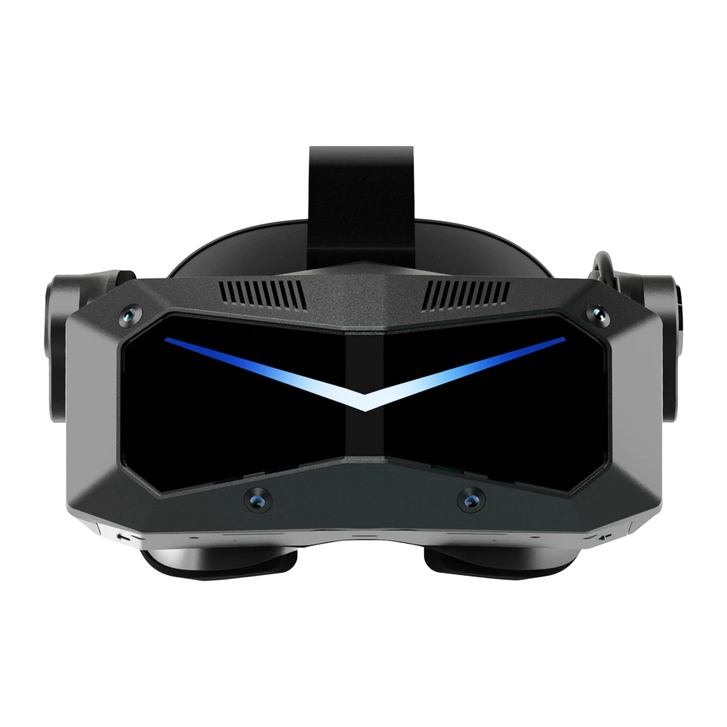 Pimax Crystal Super 57PPD Realidade Virtual PC com headset preto angular, faixa ajustável, visor com luz azul em V e dois controladores ergonômicos com - Item1