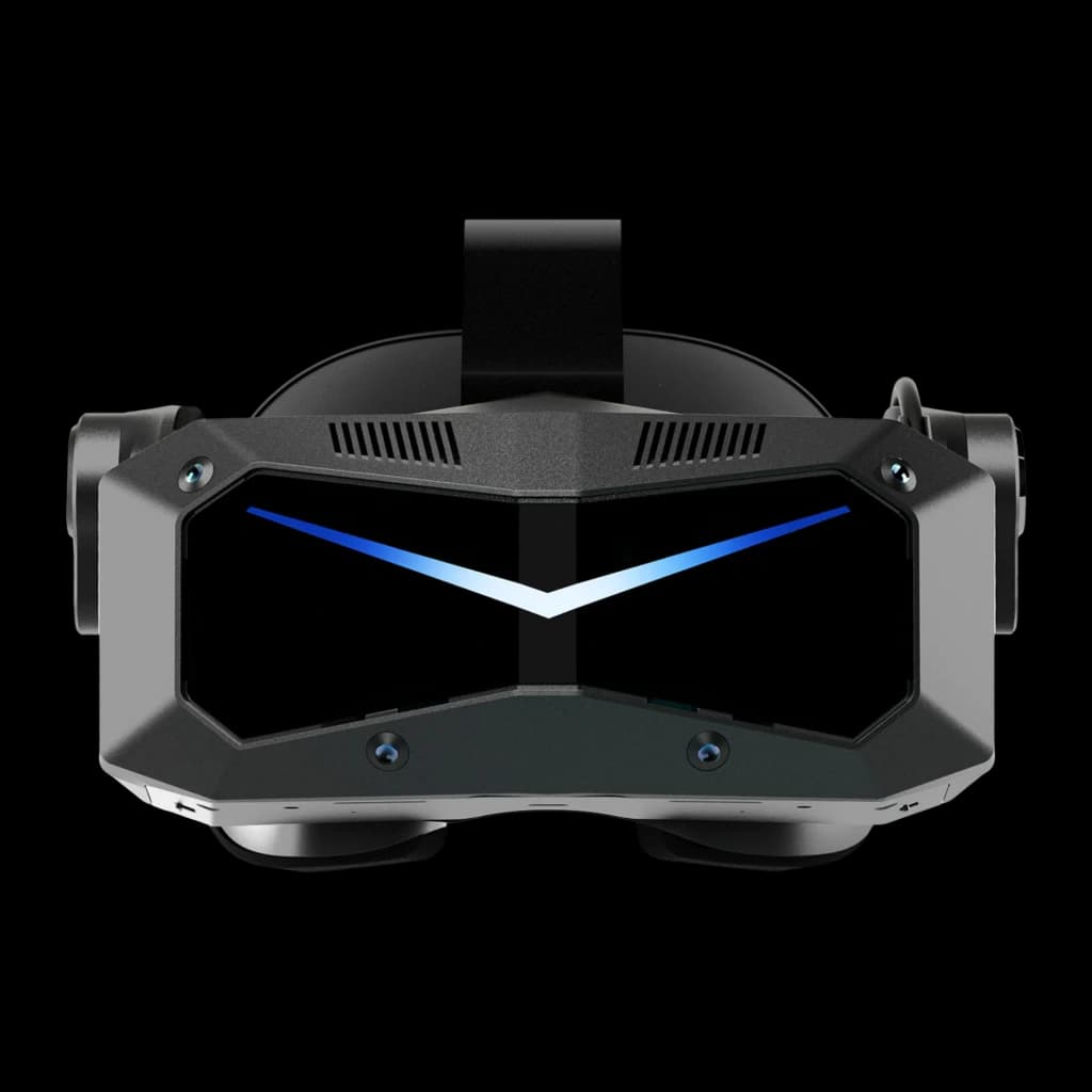 Pimax Crystal Super 57PPD Realidade Virtual PC com visor preto angular, faixa superior ajustável, luz em V azul, câmeras frontais e lentes grandes