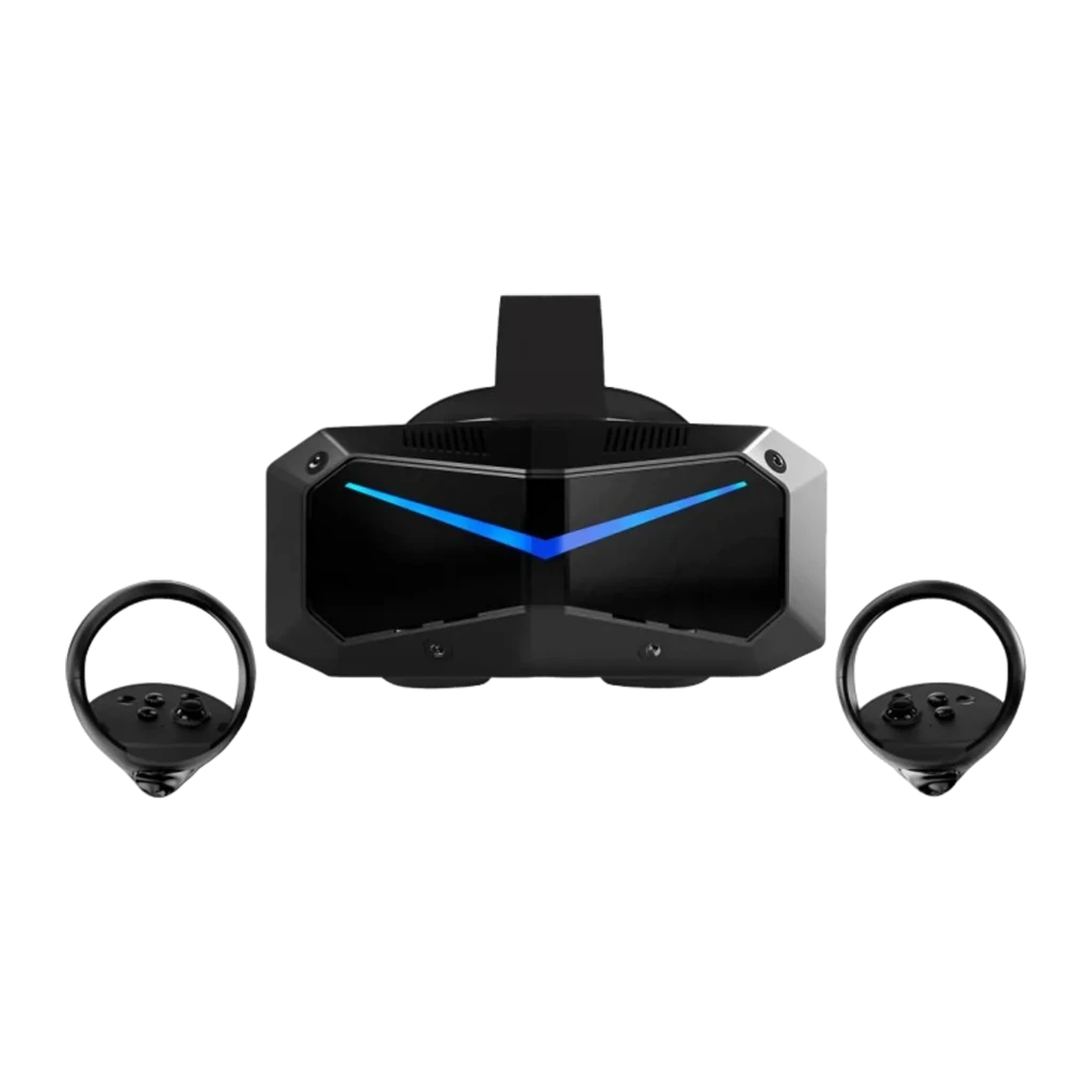 Pimax Crystal Super Micro-OLED VR avec casque noir anguleux à V lumineux violet, deux manettes circulaires noires, design futuriste pour PCVR et autonome - Ítem3