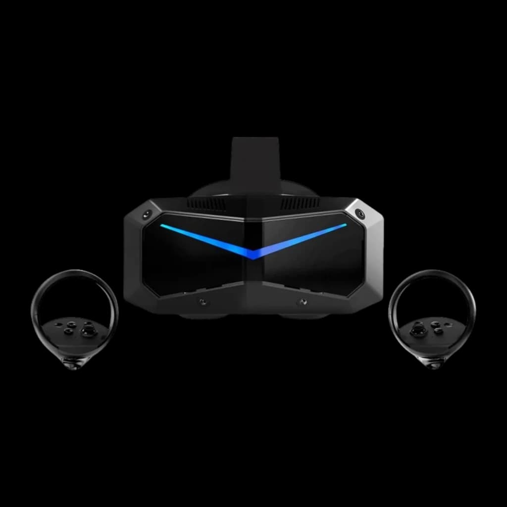 Pimax Crystal Super Micro-OLED Realidade Virtual Standalone e PCVR com visor angular preto, faixa superior e dois controladores ergonômicos com botões