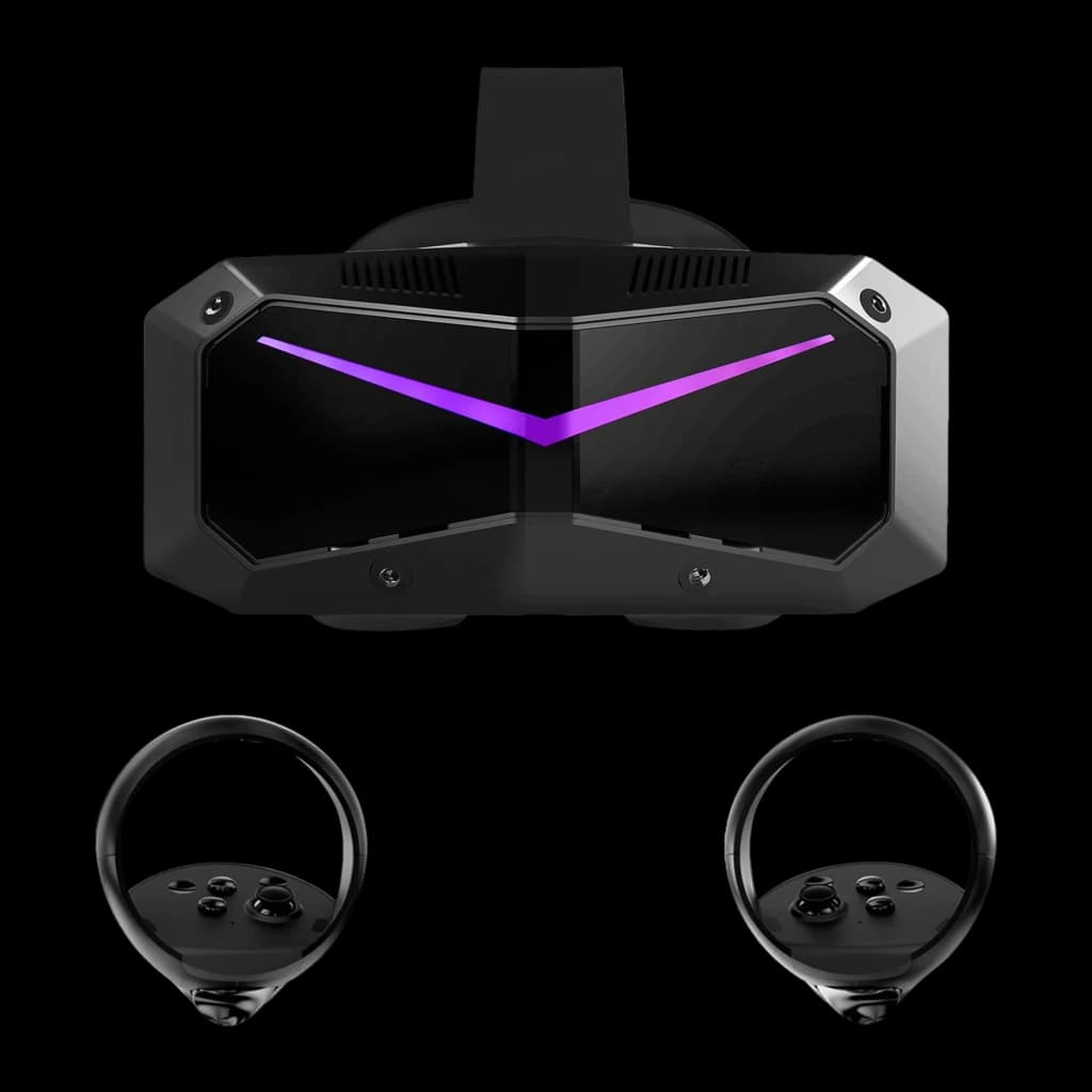 Pimax Crystal Super Micro-OLED Realidade Virtual Standalone e PCVR com headset preto angular, faixa superior ajustável e dois controladores ergonômicos