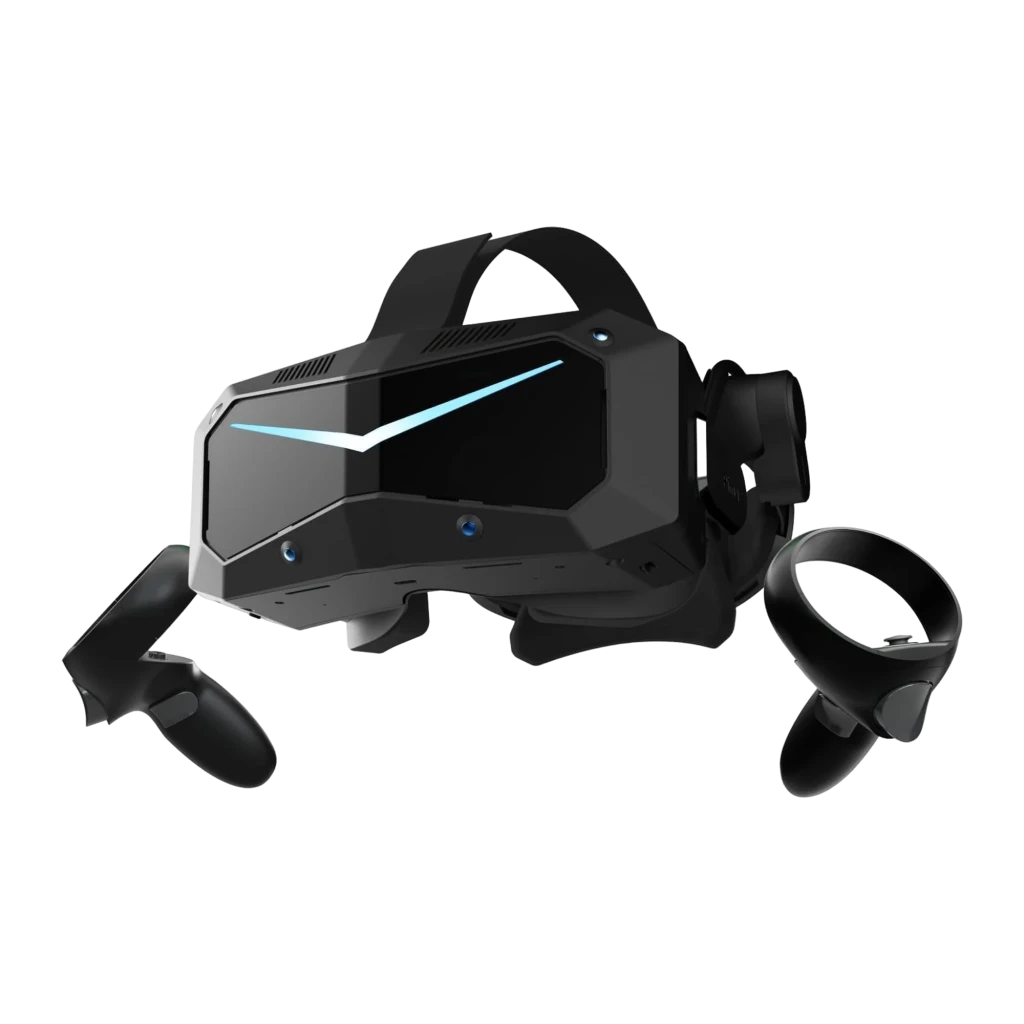 Pimax Crystal Super Micro-OLED VR avec casque noir anguleux à V lumineux violet, deux manettes circulaires noires, design futuriste pour PCVR et autonome - Ítem2