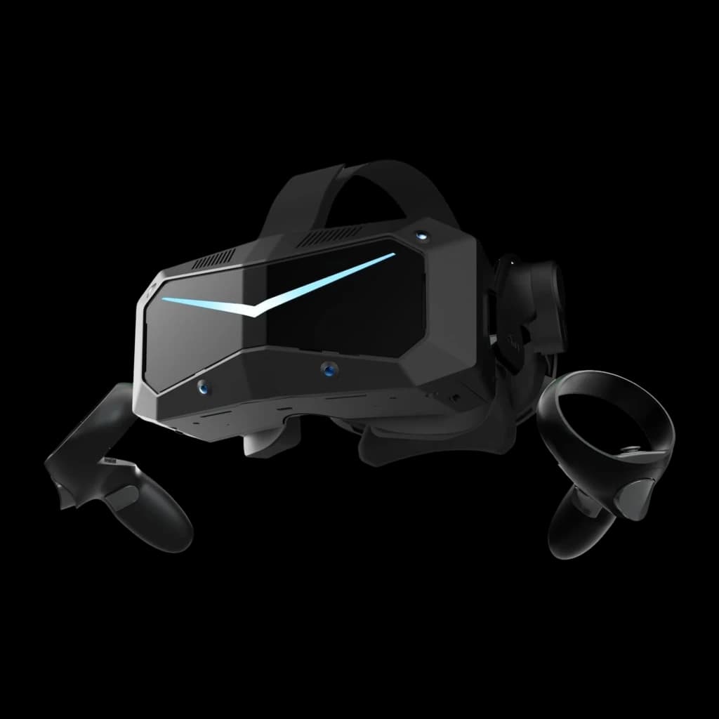 Pimax Crystal Super Micro-OLED Realidade Virtual Standalone e PCVR com visor preto angular, faixa ajustável, luz azul frontal e dois controladores ergonomicos