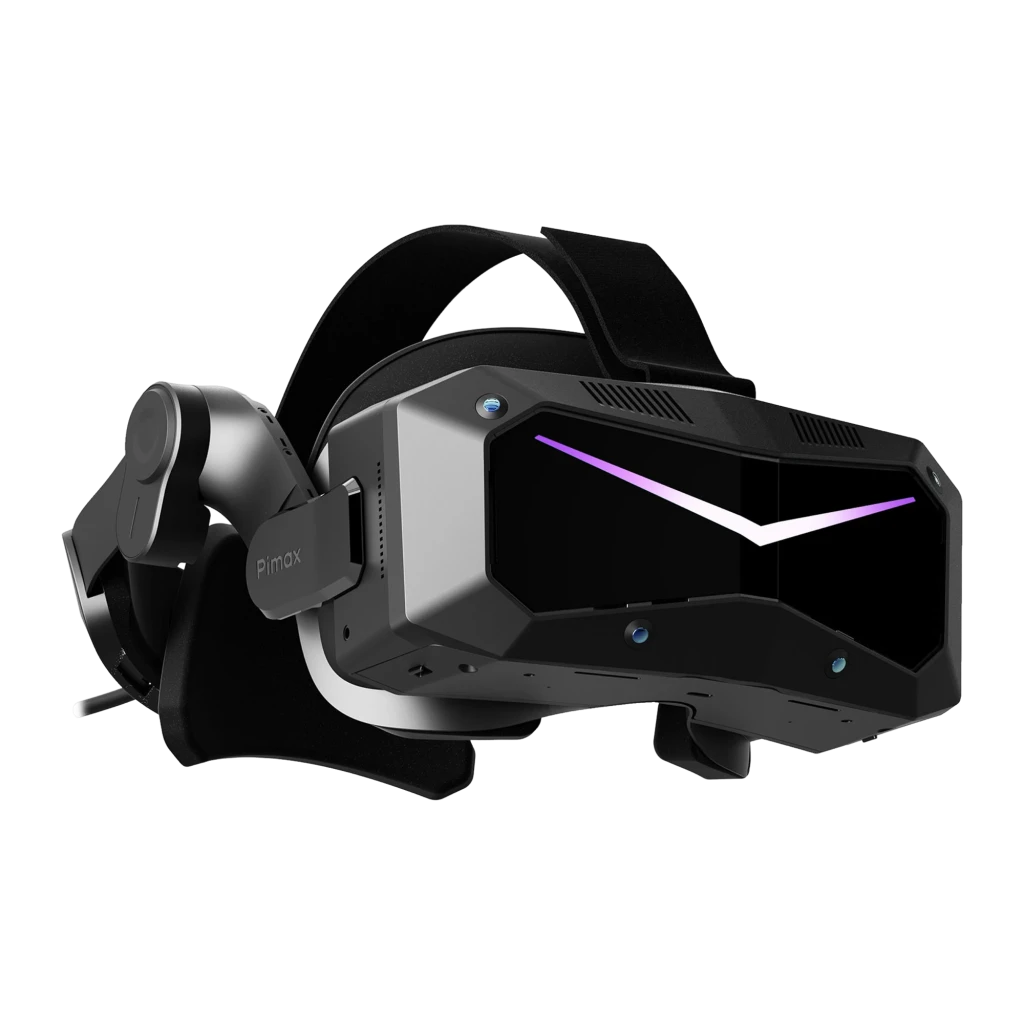 Pimax Crystal Super Micro-OLED VR avec casque noir anguleux à V lumineux violet, deux manettes circulaires noires, design futuriste pour PCVR et autonome - Ítem1