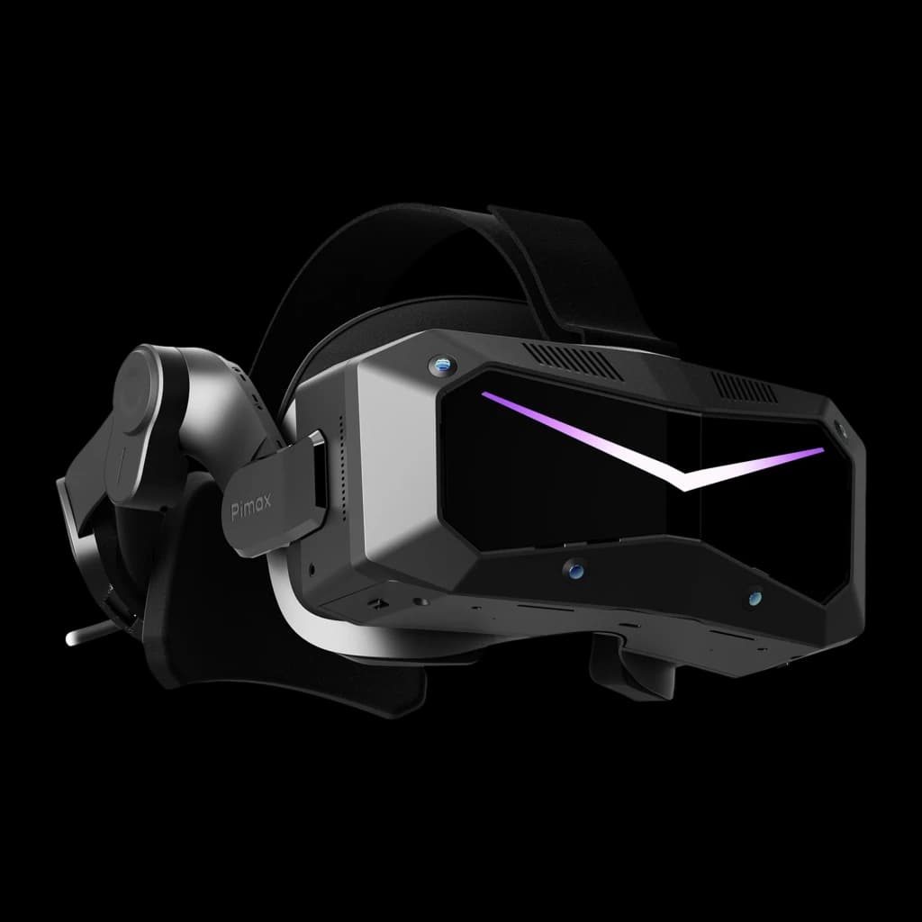 Pimax Crystal Super Micro-OLED Realidade Virtual Standalone e PCVR com visor preto angular, faixa acolchoada, câmeras frontais e luz LED em V
