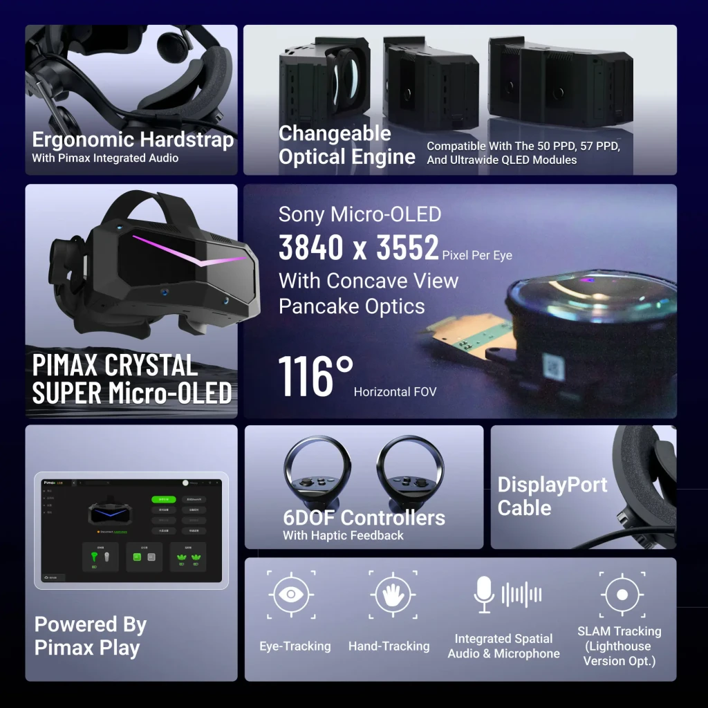 Pimax Crystal Super Micro-OLED VR avec casque noir anguleux à V lumineux violet, deux manettes circulaires noires, design futuriste pour PCVR et autonome - Ítem5