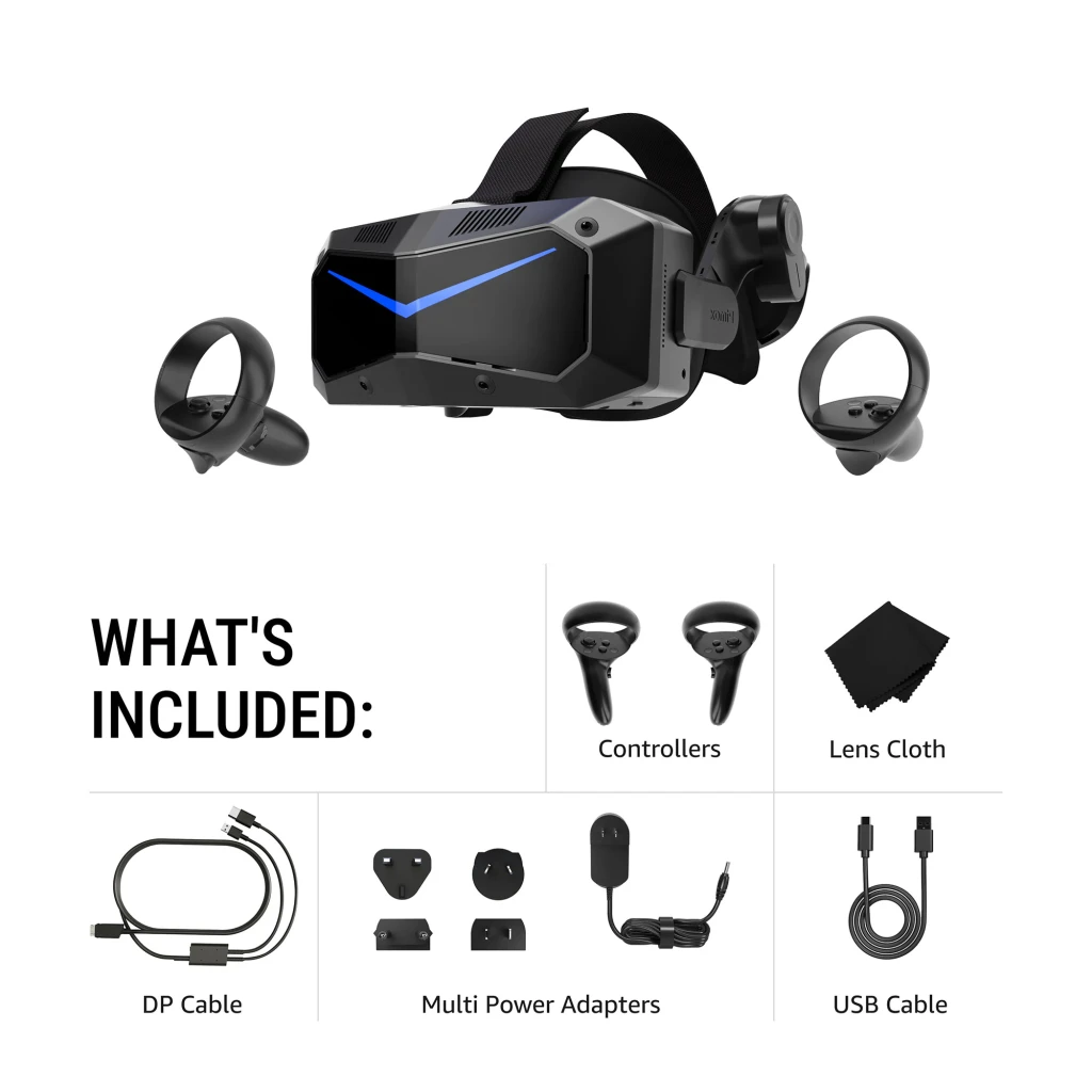 Pimax Crystal Super Micro-OLED VR avec casque noir anguleux à V lumineux violet, deux manettes circulaires noires, design futuriste pour PCVR et autonome - Ítem4