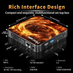 HS86 Pro13 TV box compacta com acabamento preto, portas HDMI, USB e LAN visíveis, indicação de WiFi 6, 8K/4K, Android 14, HDR10+, 2GB RAM e 16GB ROM