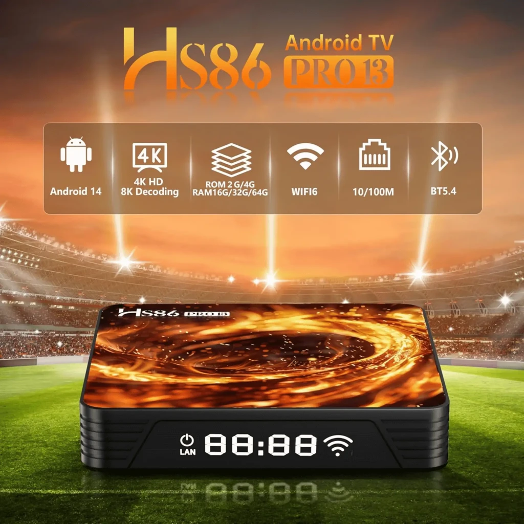 HS86 Pro13 Android 14 TV box compacto con pantalla LED frontal, WiFi 6 dual band, HDR10+, 8K 4K; incluye control remoto con accesos a YouTube y Netflix - Ítem4