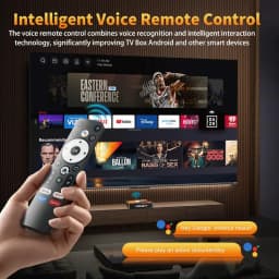 HS86 Pro13 controle remoto inteligente com microfone, botões Google Assistant, Bluetooth e teclas multimídia; interface Android 14 exibida em TV 4K/8K HDR10+