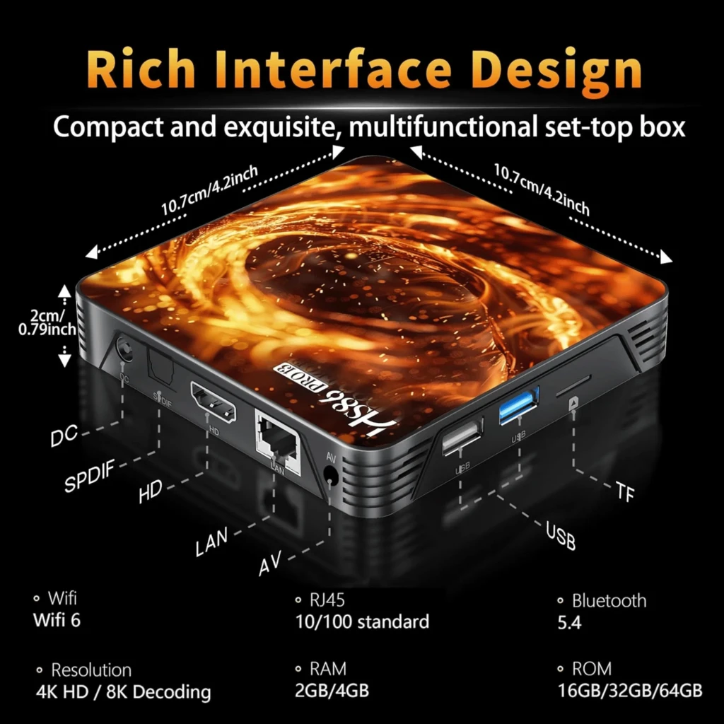 HS86 Pro13 TV box compacto con pantalla superior efecto fuego, display LED frontal y ranuras de ventilación; control remoto con botones para YouTube, Netflix - Ítem7