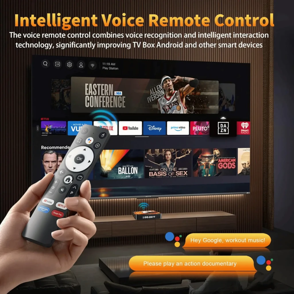 HS86 Pro13 TV box compacto con pantalla superior efecto fuego, display LED frontal y ranuras de ventilación; control remoto con botones para YouTube, Netflix - Ítem2