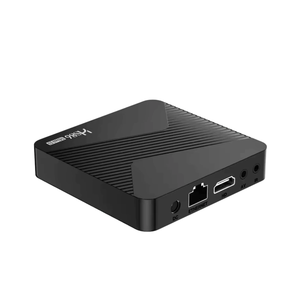 MINI13 HS86 Android TV Box preta com textura em X, bordas arredondadas e logo HS86 Mini13. Controle remoto com botões de atalho YouTube, Netflix e Google Play - Item2