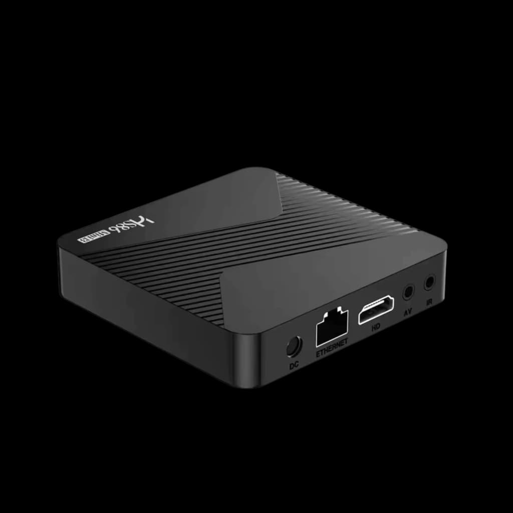 MINI13 HS86 Android TV Box compacta preta com ranhuras, portas HDMI, Ethernet, AV e DC. Indicador frontal, design leve e discreto para home theater