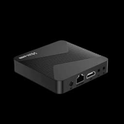 MINI13 HS86 Android TV Box compacta preta com ranhuras, portas HDMI, Ethernet, AV e DC. Indicador frontal, design leve e discreto para home theater