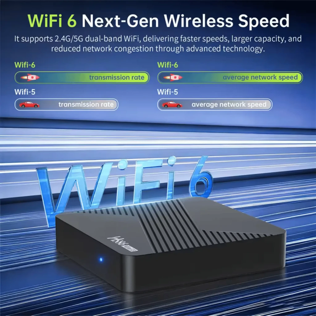 MINI13 HS86 Android TV Box preta com textura em X, bordas arredondadas e logo HS86 Mini13. Controle remoto com botões de atalho YouTube, Netflix e Google Play - Item4