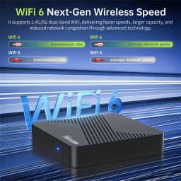 MINI13 HS86 Android TV Box compacta com design preto, LED frontal azul e topo texturizado; destaca WiFi 6 dual band para velocidade e estabilidade