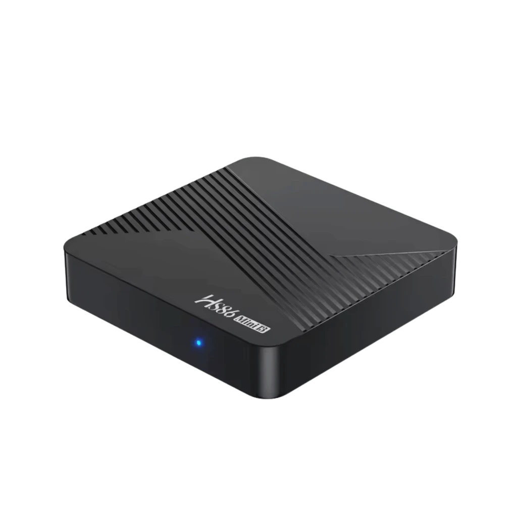 MINI13 HS86 Android TV Box preta com textura em X, bordas arredondadas e logo HS86 Mini13. Controle remoto com botões de atalho YouTube, Netflix e Google Play - Item1