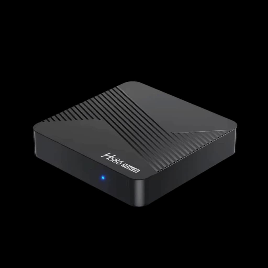 MINI13 HS86 Android TV Box preto, compacto, acabamento fosco com linhas texturizadas, LED azul frontal, portas traseiras ocultas, design minimalista e moderno