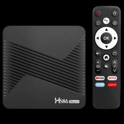 MINI13 HS86 Android TV Box preta com textura em X, bordas arredondadas e logo HS86 Mini13. Controle remoto com botões de atalho YouTube, Netflix e Google Play