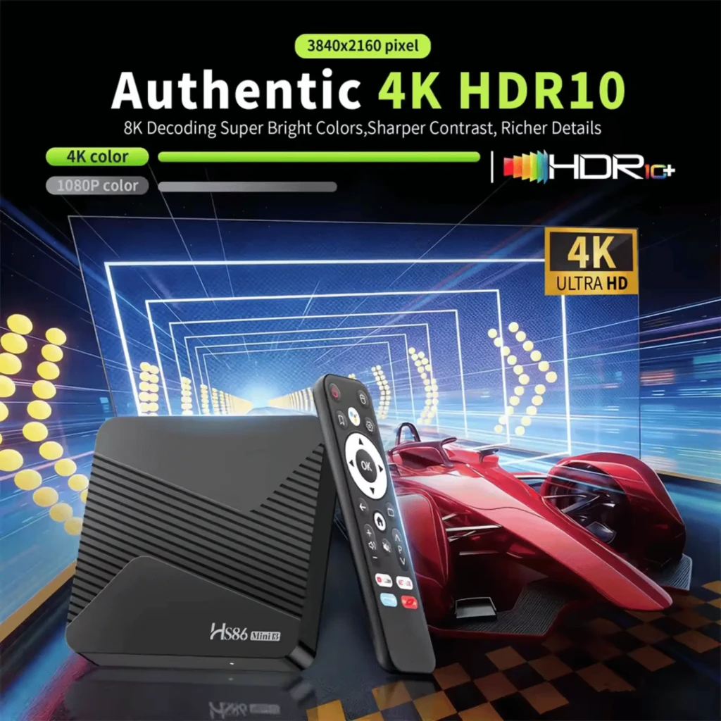 MINI13 HS86 Android TV Box preta com textura em X, bordas arredondadas e logo HS86 Mini13. Controle remoto com botões de atalho YouTube, Netflix e Google Play - Item3