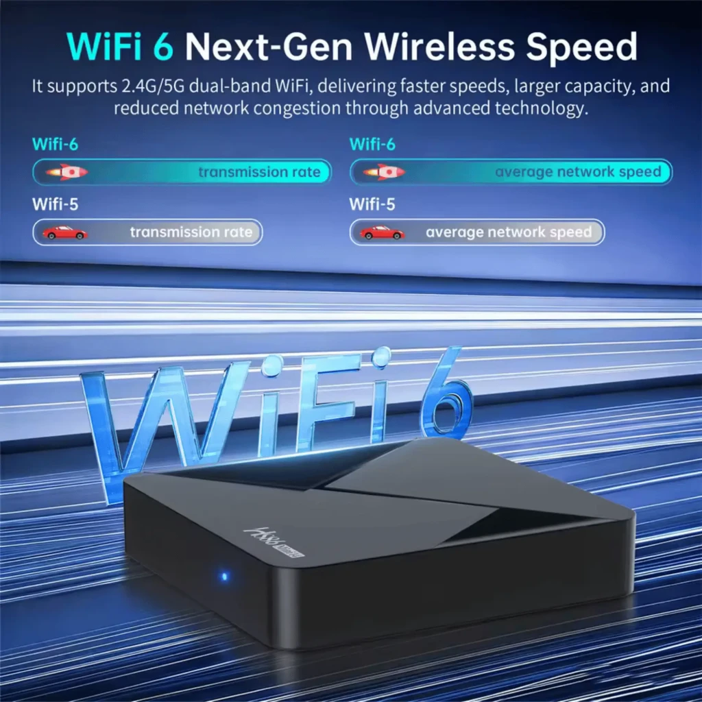 HS86 MINI14 Android TV Box 4K, corpo preto brilhante com LED azul, 2 GB RAM 16 GB, Wi‑Fi 6 banda dupla, Bluetooth 5.0, controle remoto com atalhos de apps - Item3